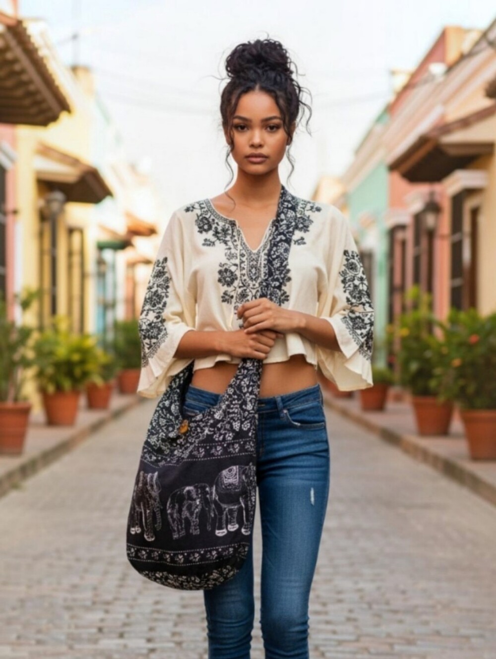 NWOT! Bohemian Elephant Print Hobo Bag - Black/White Colorway!